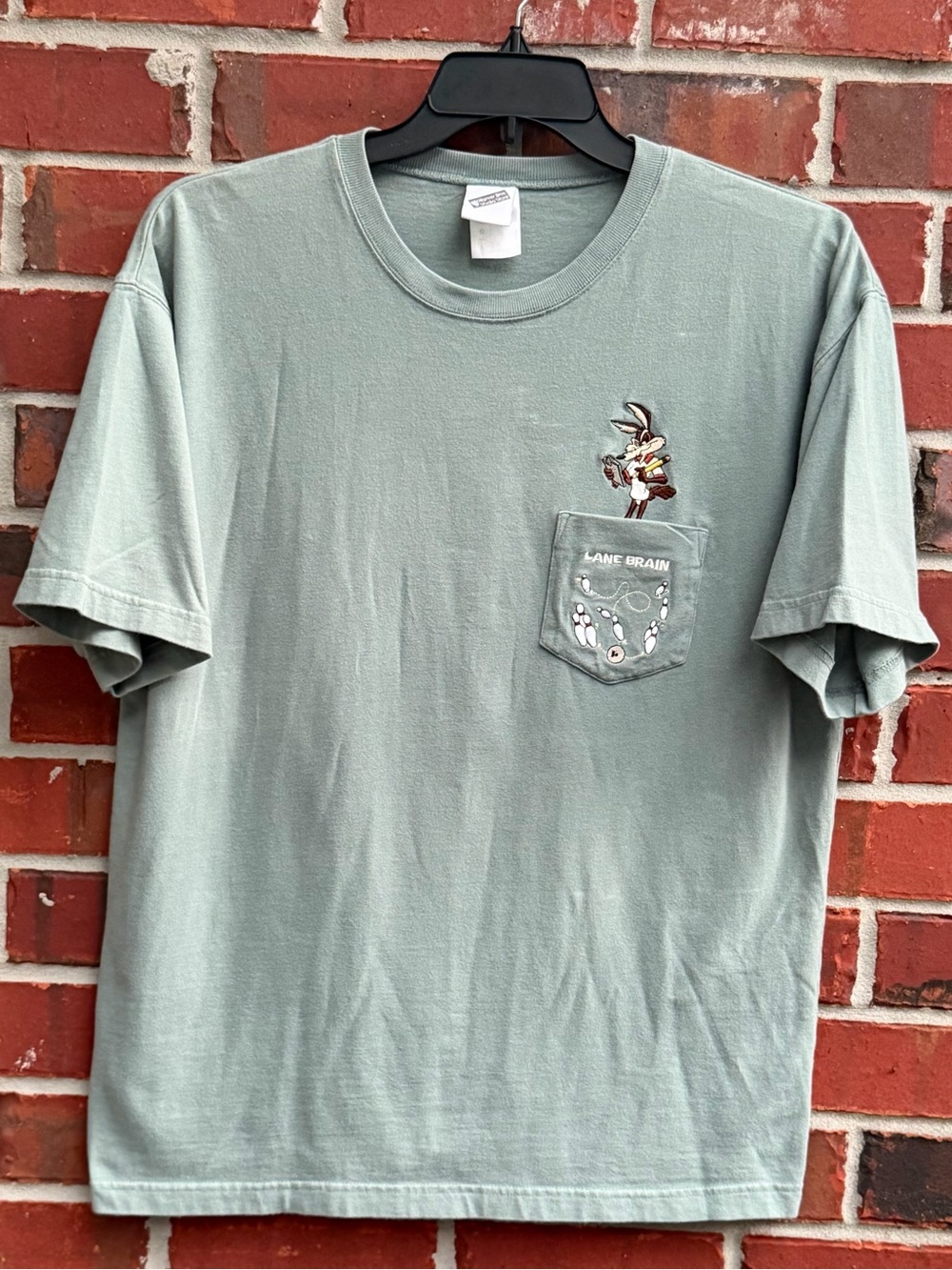 Vintage Warner Bros. Studio Store L Sage Green Wile E. Coyote Bowling Tshirt F9